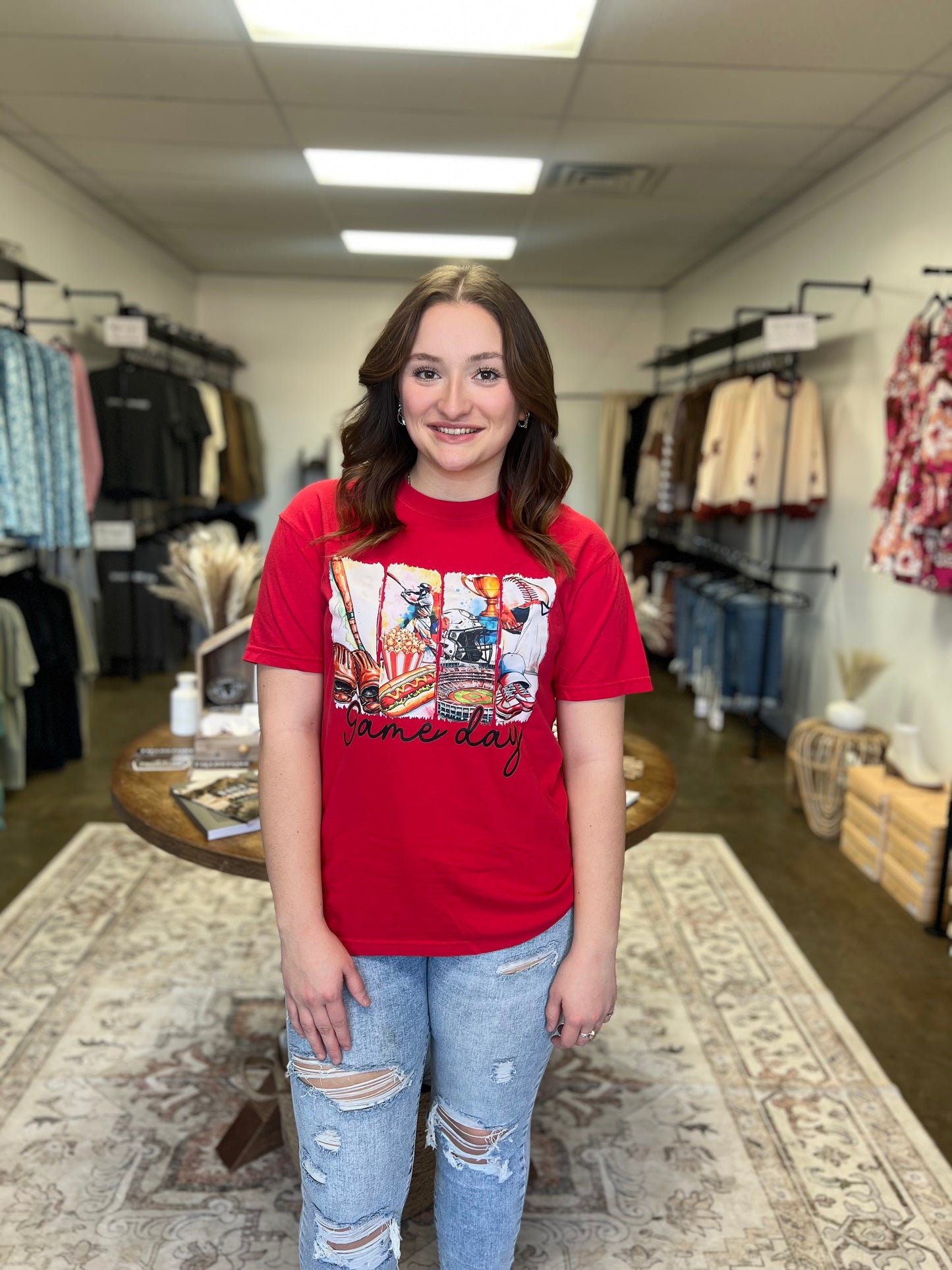 Retro Baseball Game Day Graphic Tee in Red