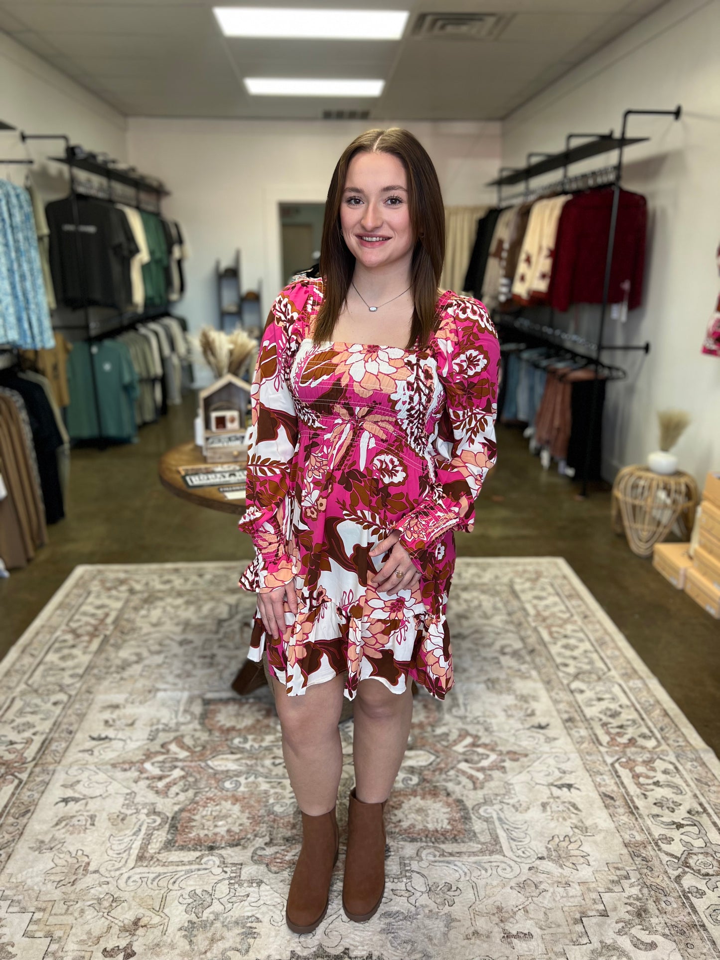 Rose Floral Print Smocked Dress