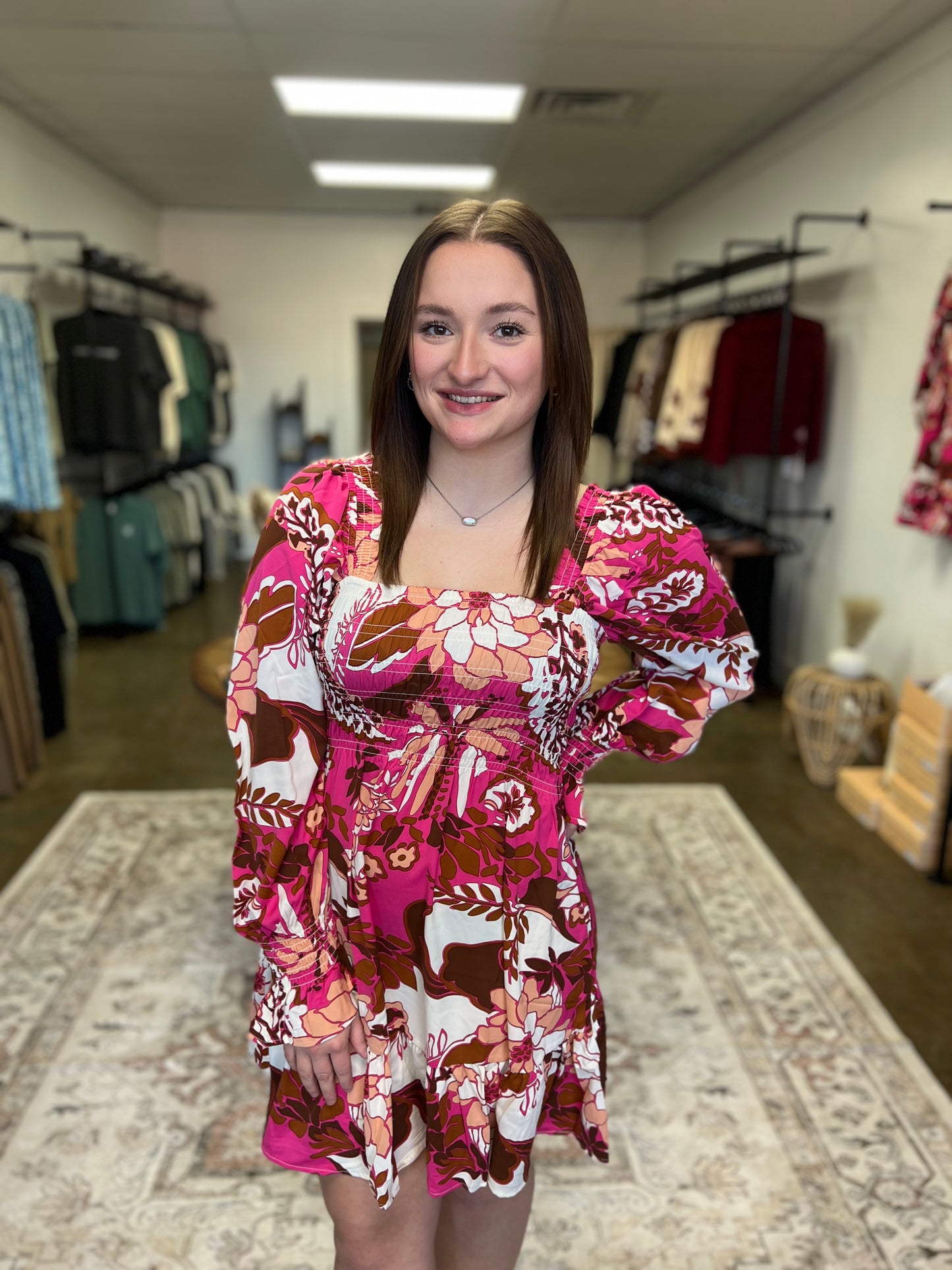 Rose Floral Print Smocked Dress