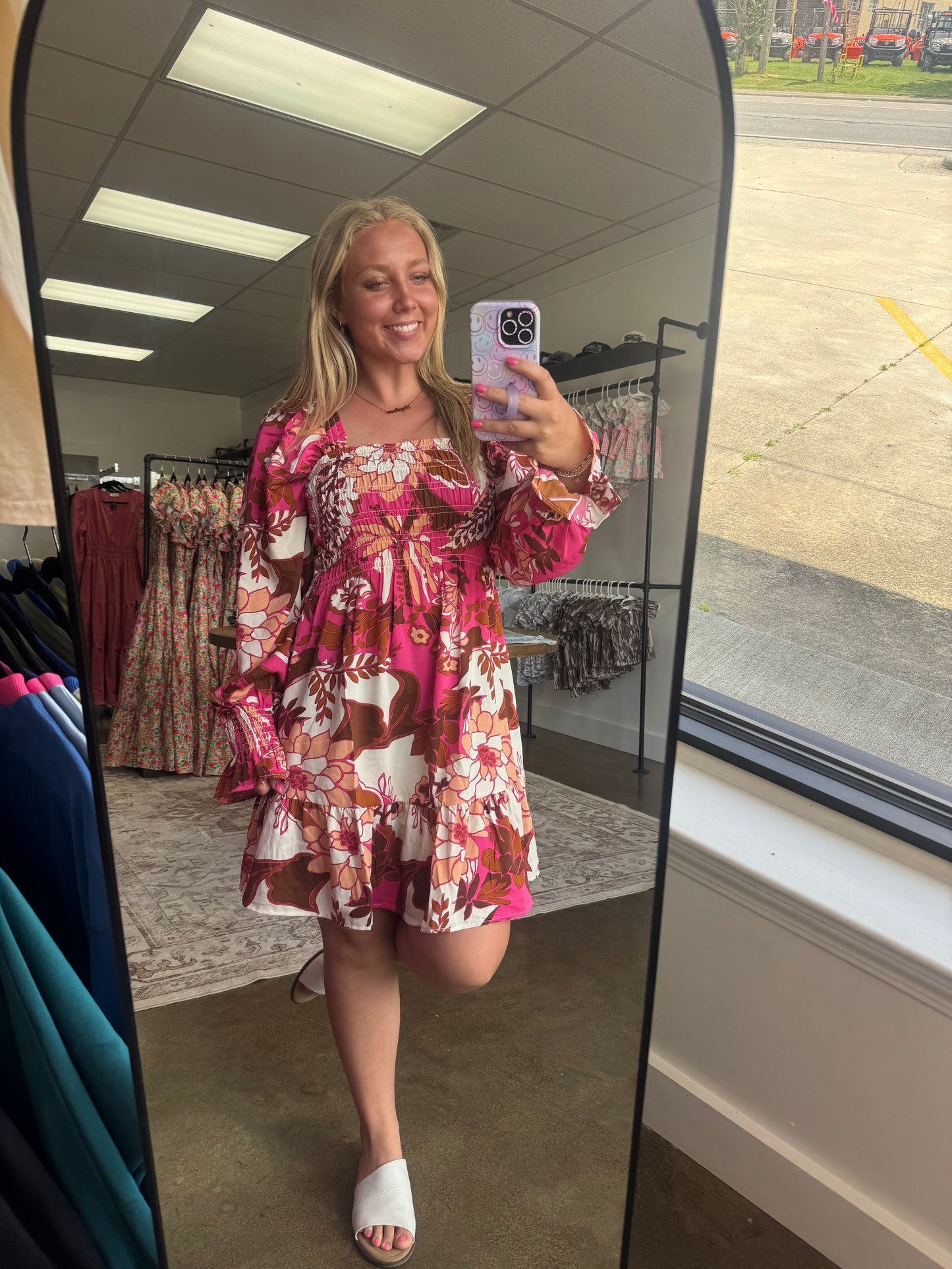 Rose Floral Print Smocked Dress