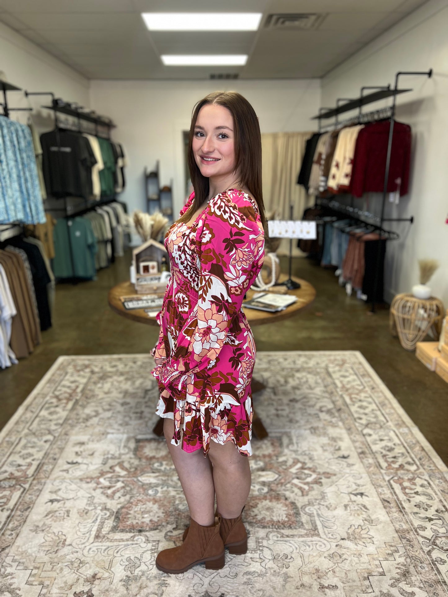 Rose Floral Print Smocked Dress