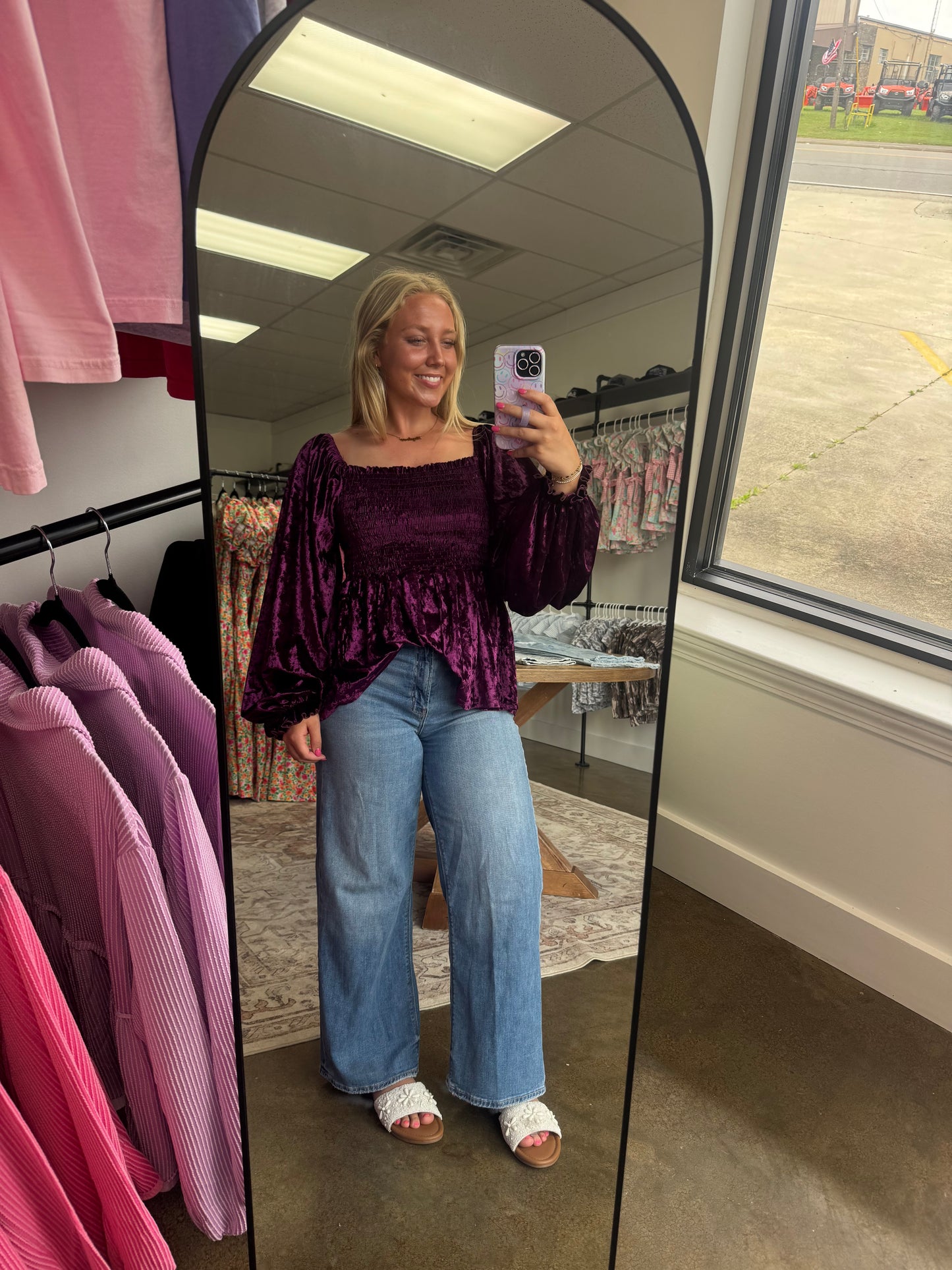 Plum Velvet Smocked Puff Sleeve Top