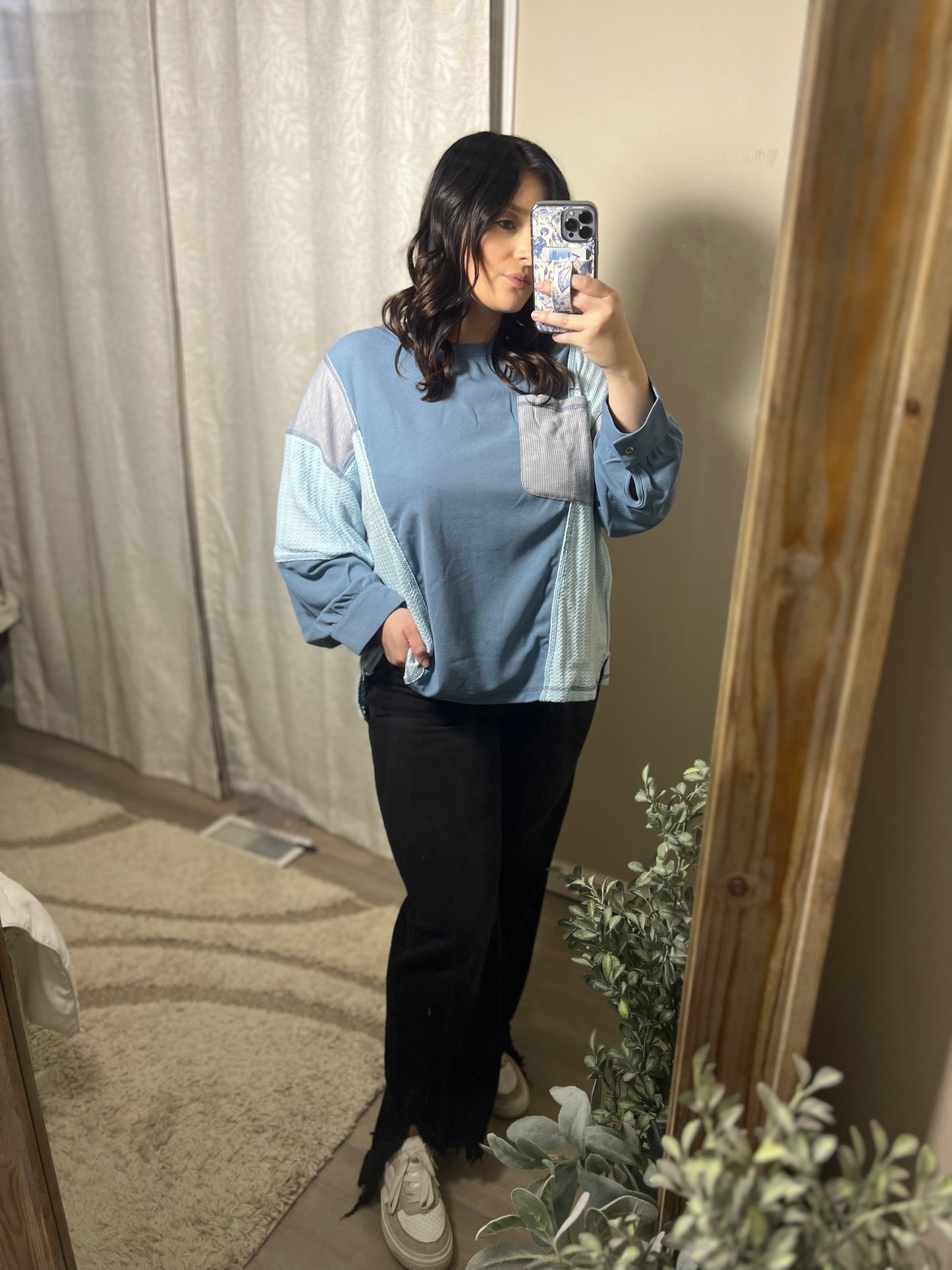 Blue Colorblock Patchwork Top