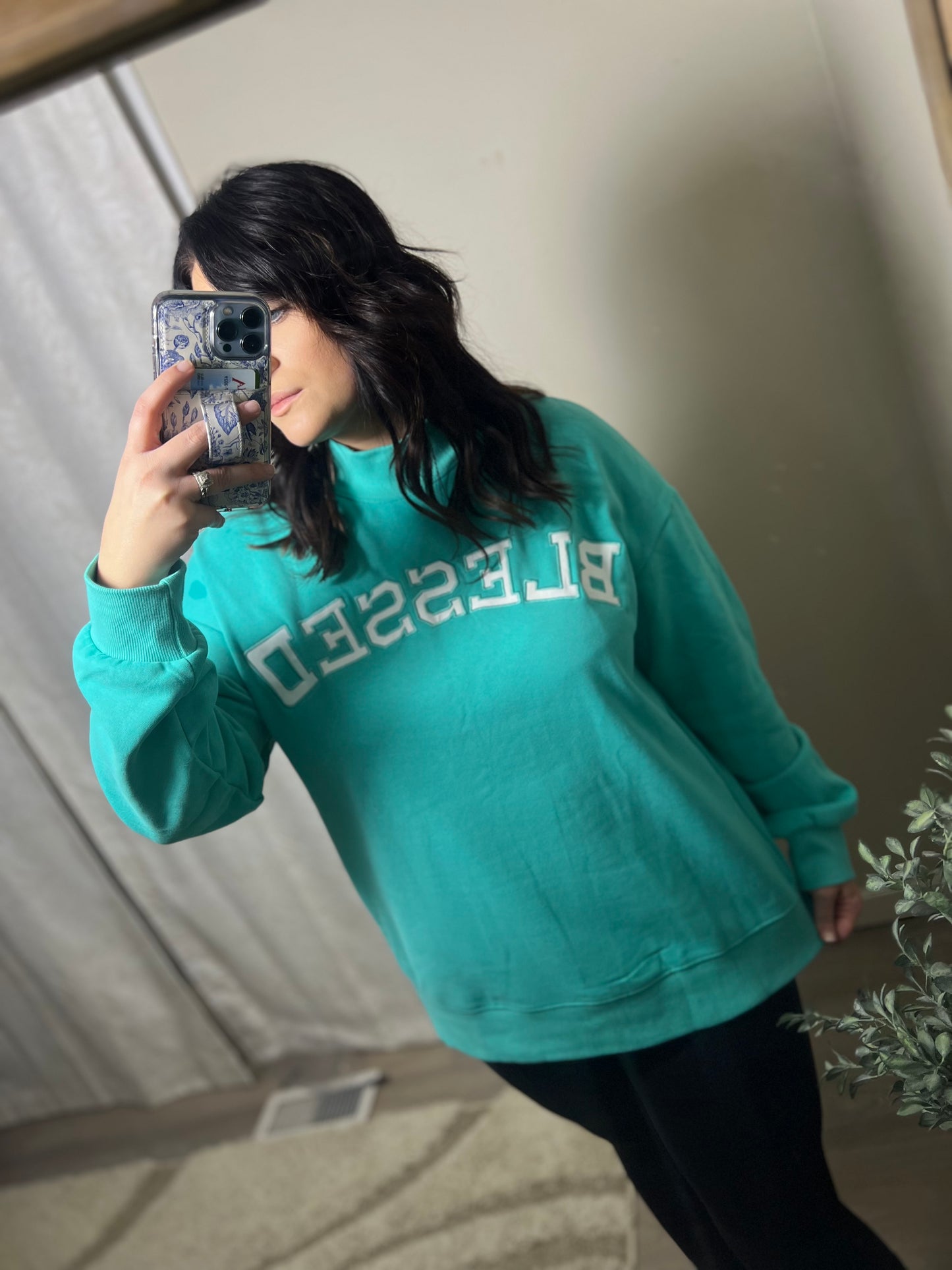 Blessed Mock Neck Sweatshirt (Sea Green)