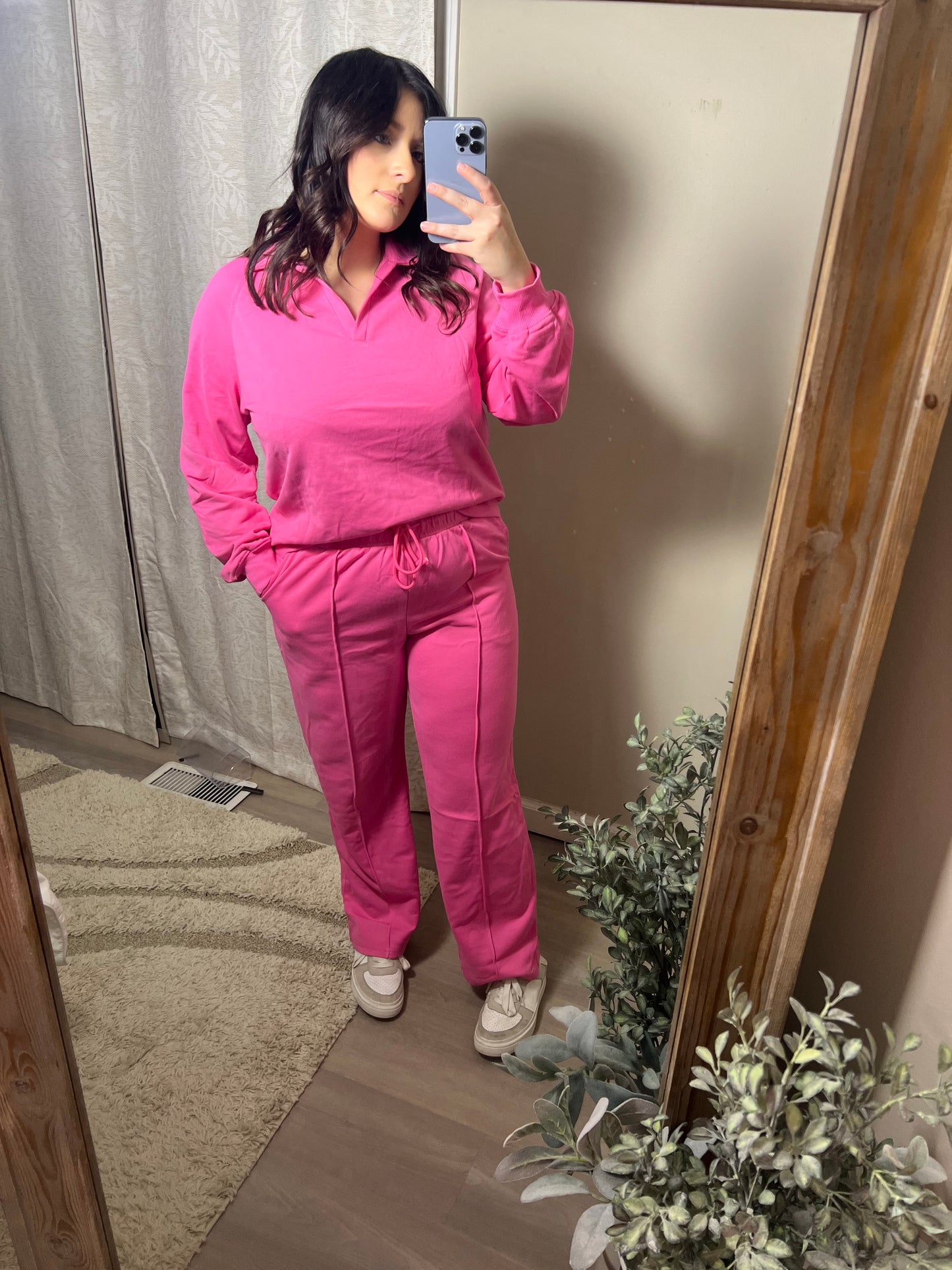 Pink V Neck Pullover Set