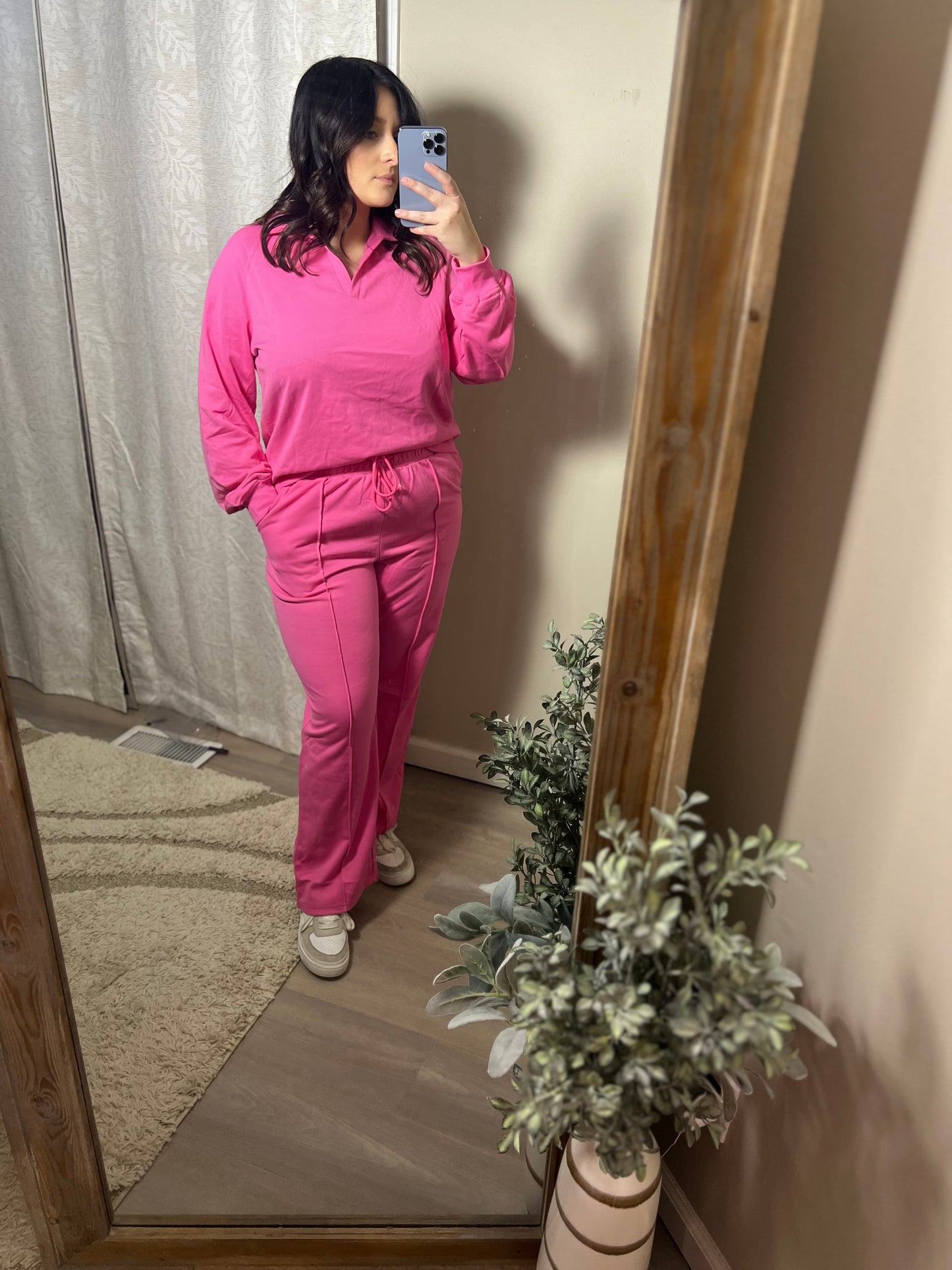 Pink V Neck Pullover Set
