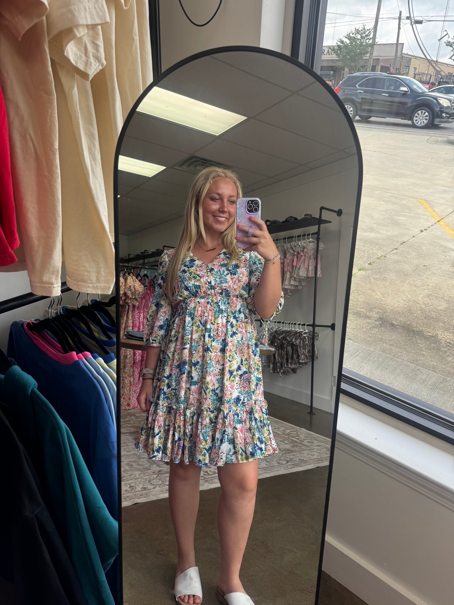Blue Floral V Neck Ruffle Dress