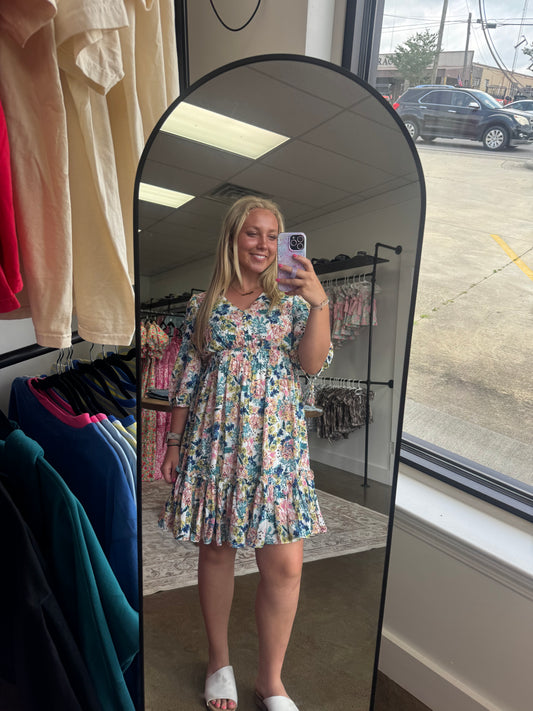 Blue Floral V Neck Ruffle Dress