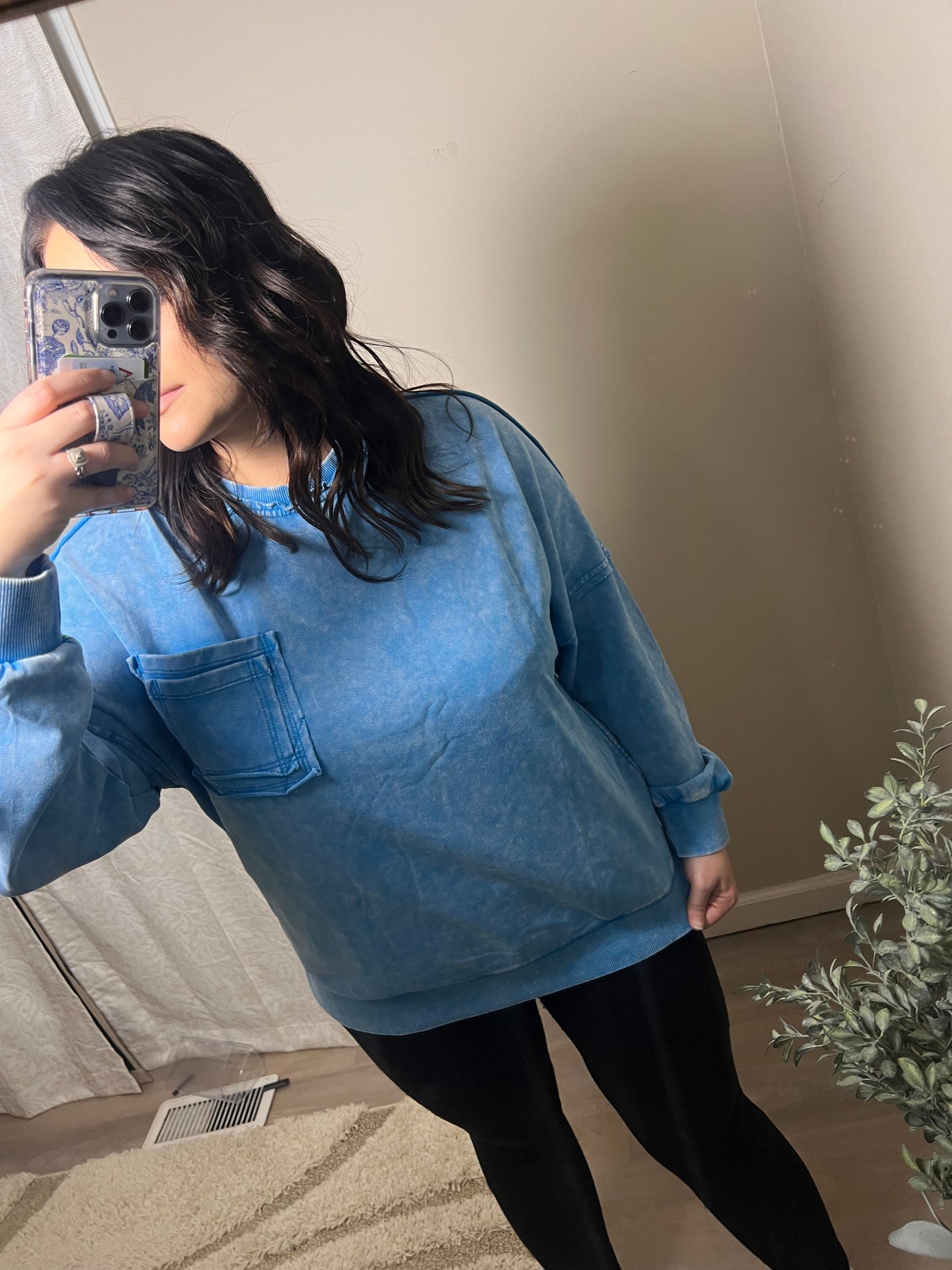 Blue Mineral Wash Raw Seam Top