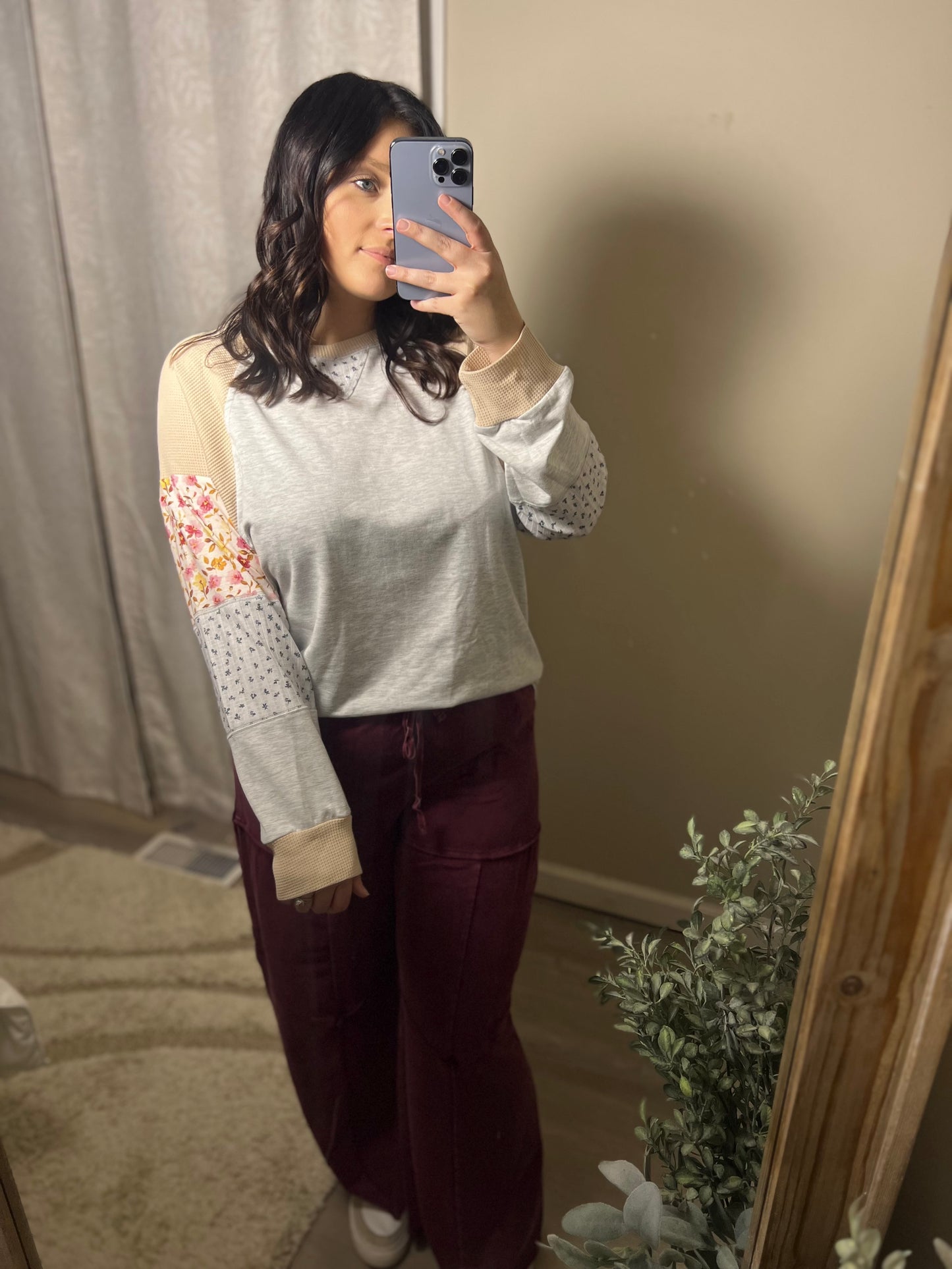 Light Grey Mixed Print Raglan Top