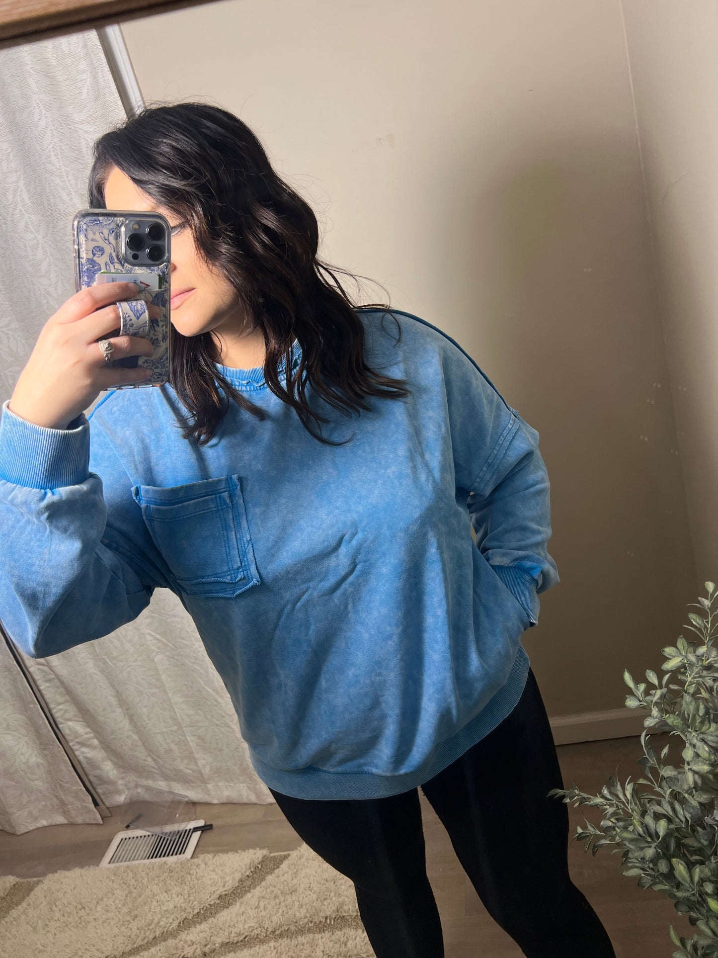 Blue Mineral Wash Raw Seam Top