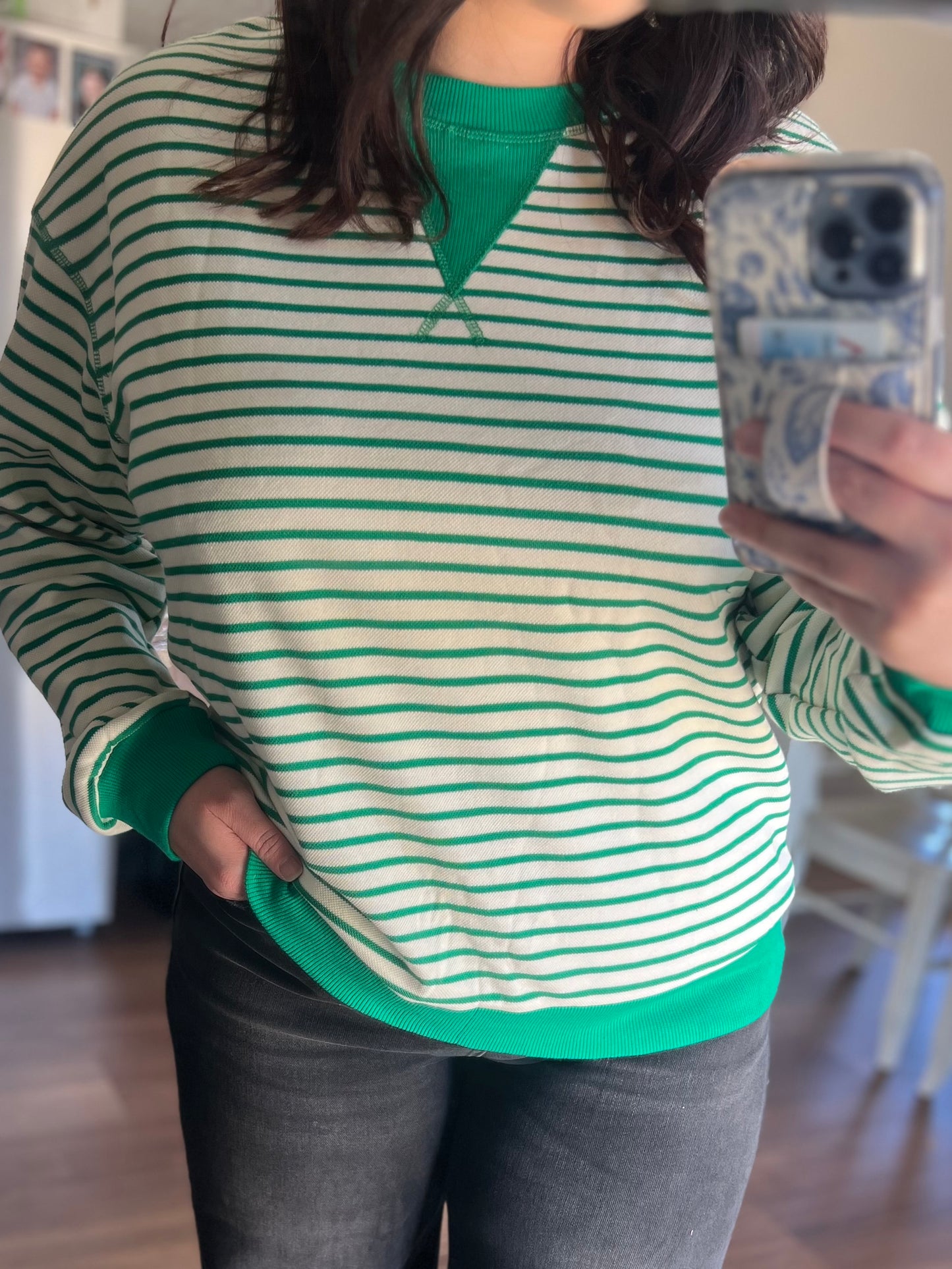 Green Stripe Exposed Seam Top