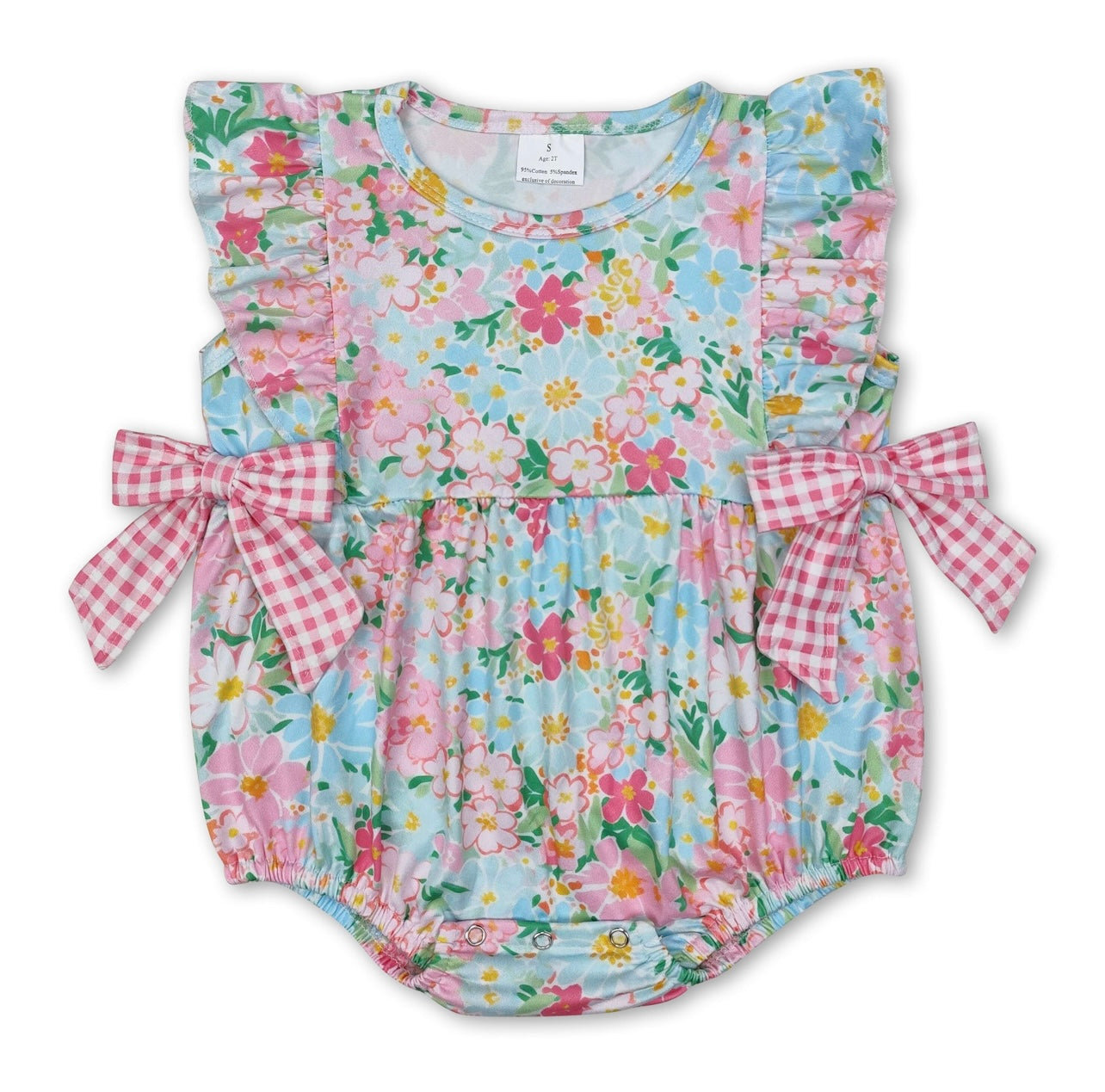 Pink Floral Plaid Bow Baby Girl Romper