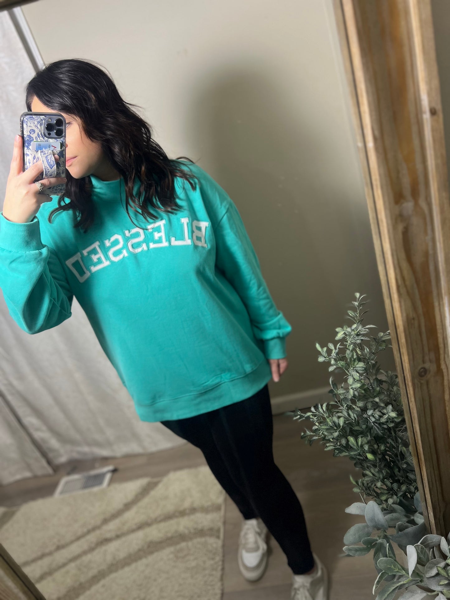 Blessed Mock Neck Sweatshirt (Sea Green)