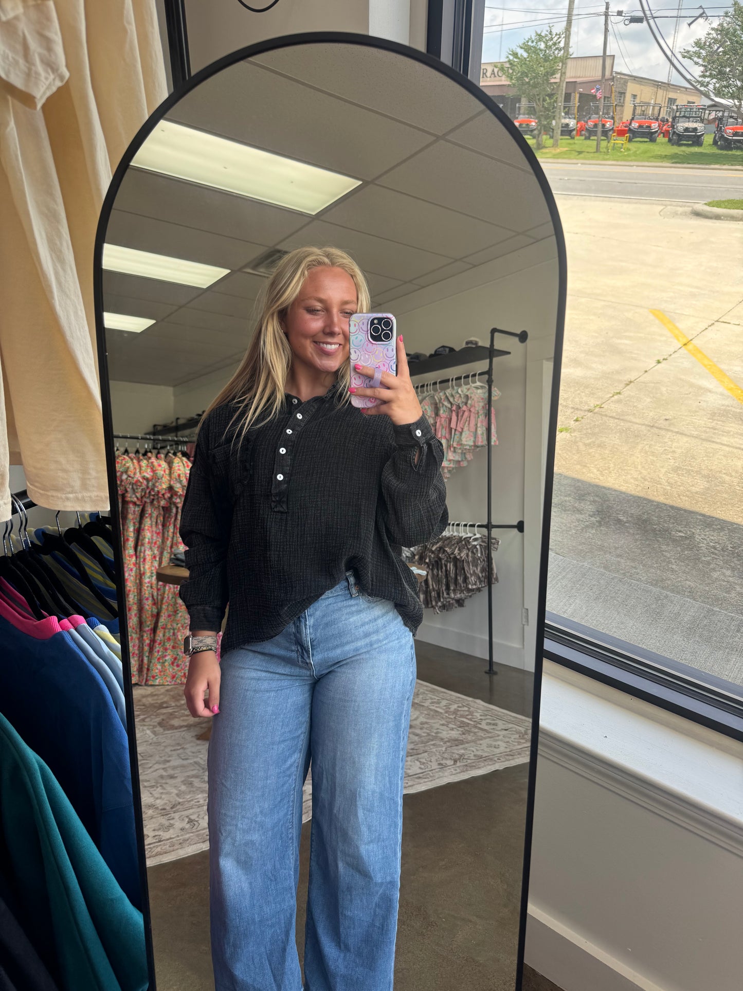Black Vintage Wash Button Top